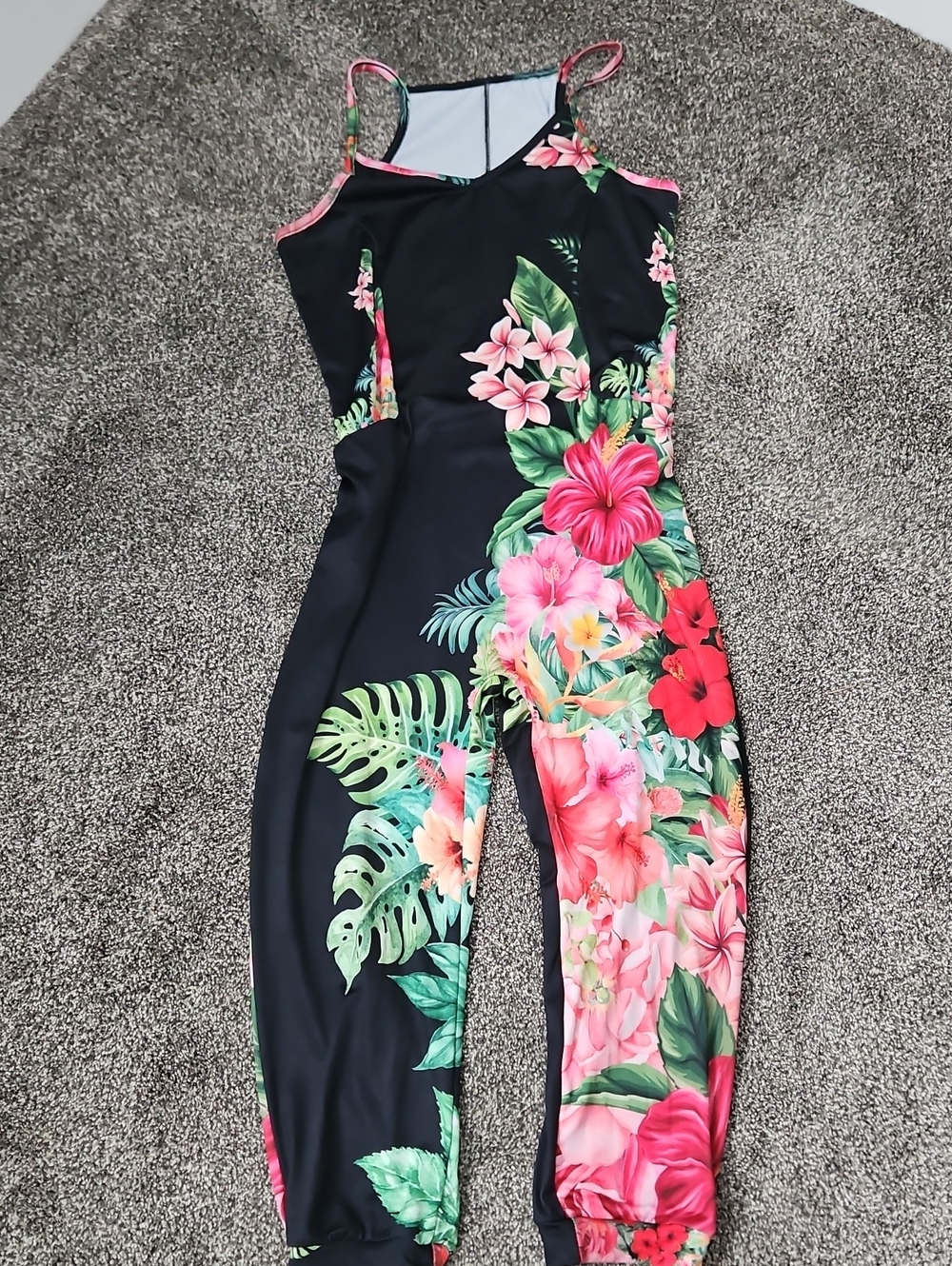 Floral Tropical Print Women’s Jumpsuit — Black with Pink & Green